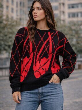 Vintage Breeze Sweater 80s Black Red Knit Crewneck Abstract Leaf Print M